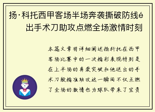 扬·科托西甲客场半场奔袭撕破防线送出手术刀助攻点燃全场激情时刻