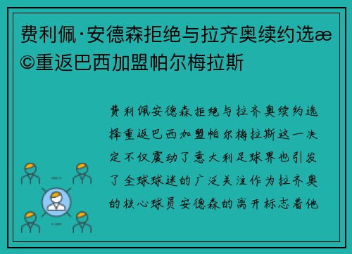 费利佩·安德森拒绝与拉齐奥续约选择重返巴西加盟帕尔梅拉斯